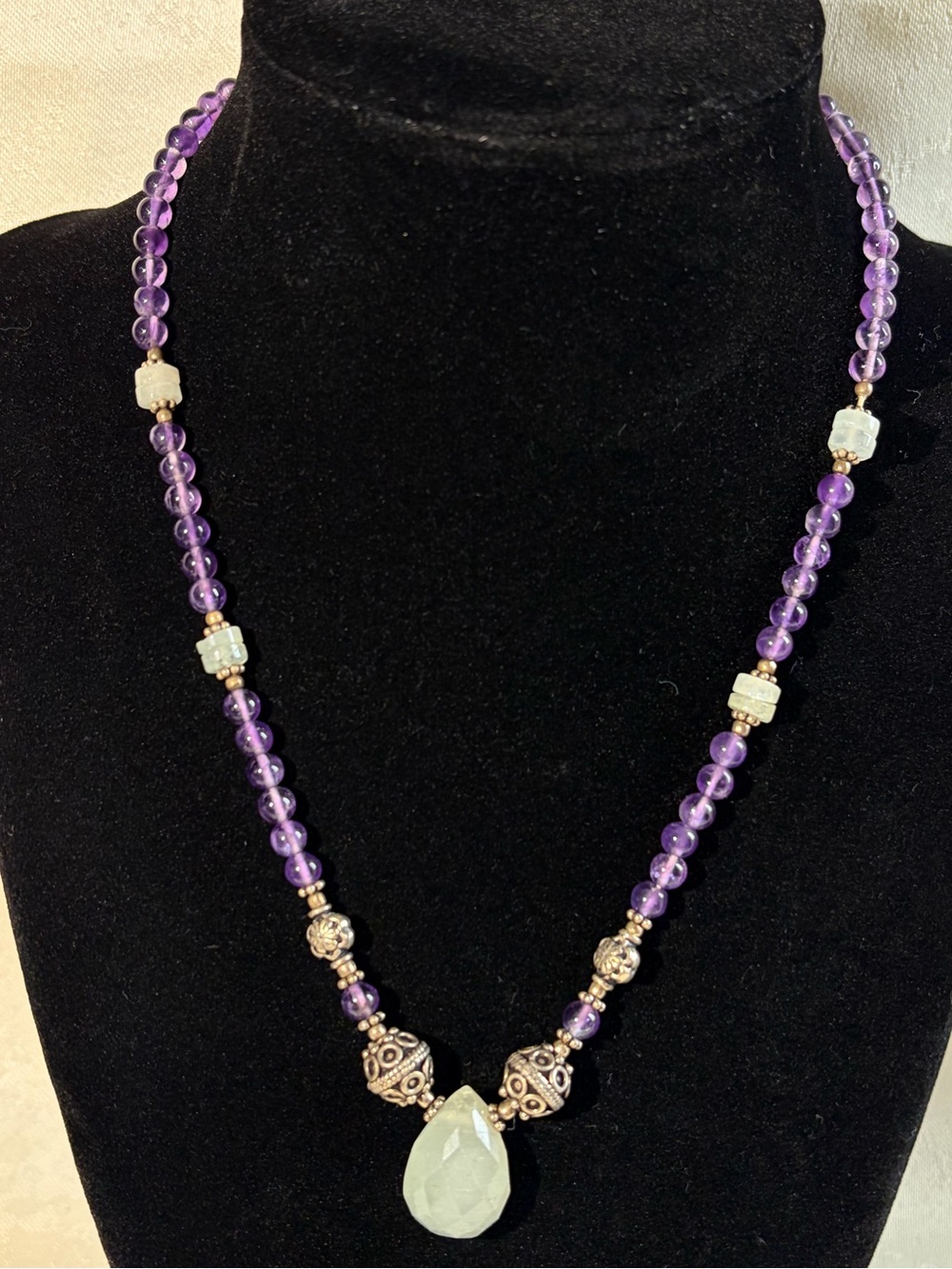 Purple Bead Necklace with Green Quartz Pendant